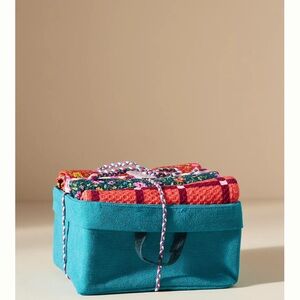 Teal Fabric Storage Basket with Floral Towels